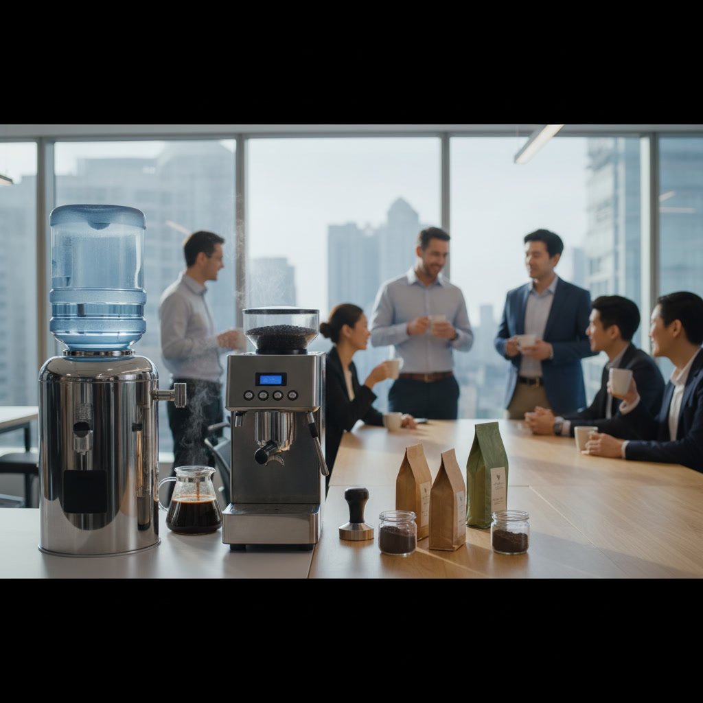 office coffee station next to water cooler with different coffee types