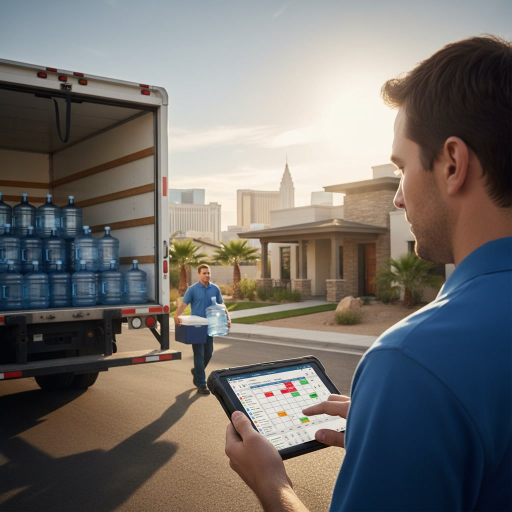 Water delivery driver carrying 5-gallon bottles during home setup