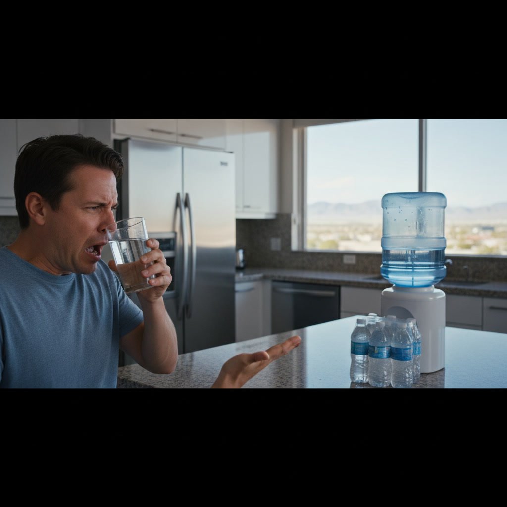 Different types of bottled water including alkaline, electrolyte, and spring water options for Las Vegas deliv