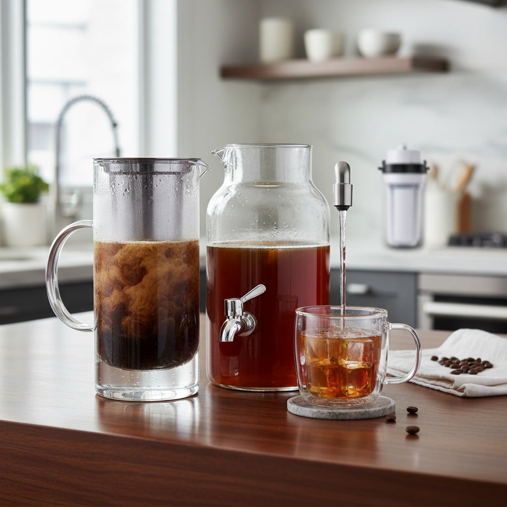 Glass container with cold brew coffee steeping in purified water