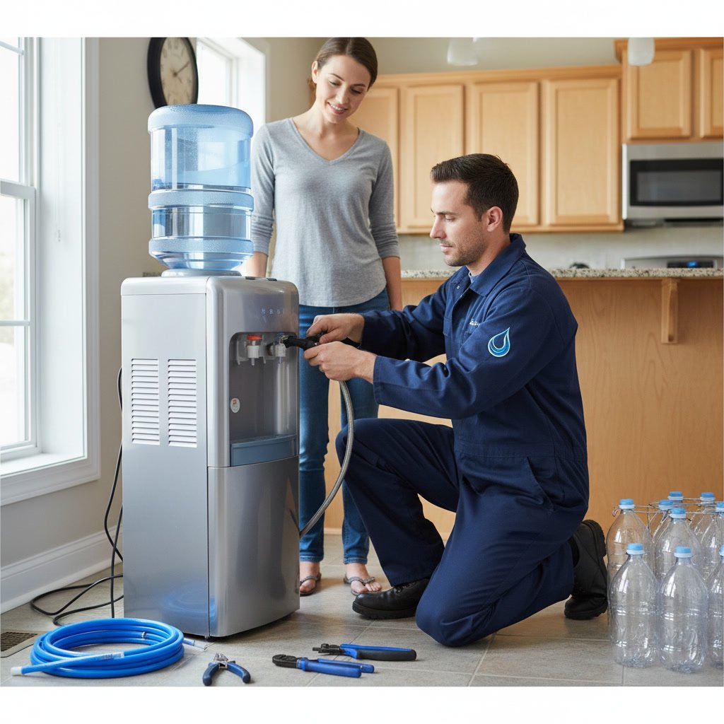 Professional technician installing water cooler during first delivery