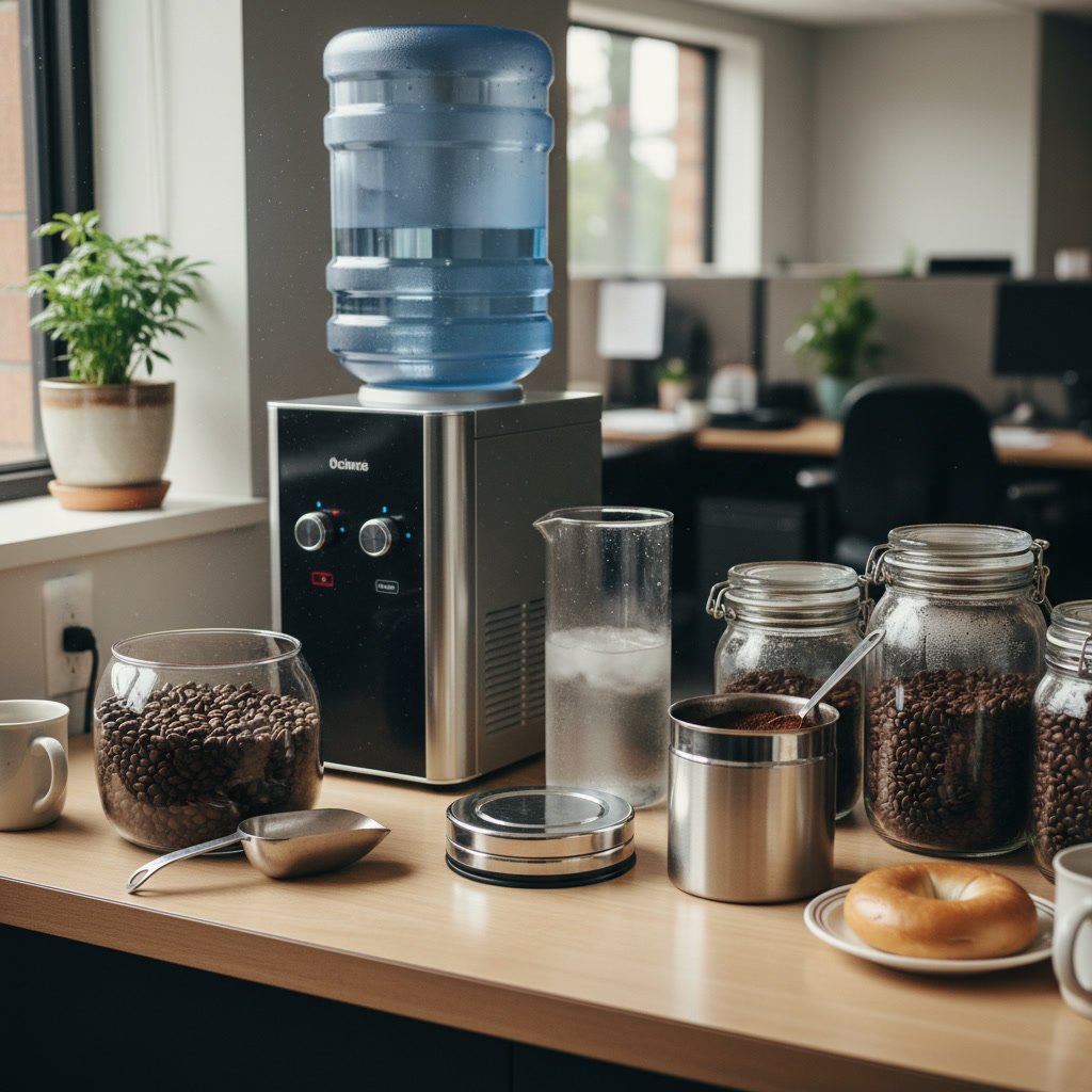 properly stored office coffee supplies next to water cooler setup