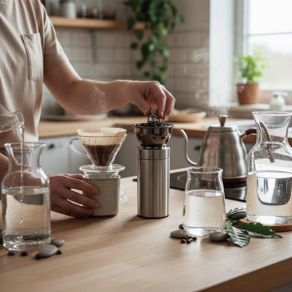 Various coffee brewing equipment with bottles of purified water
