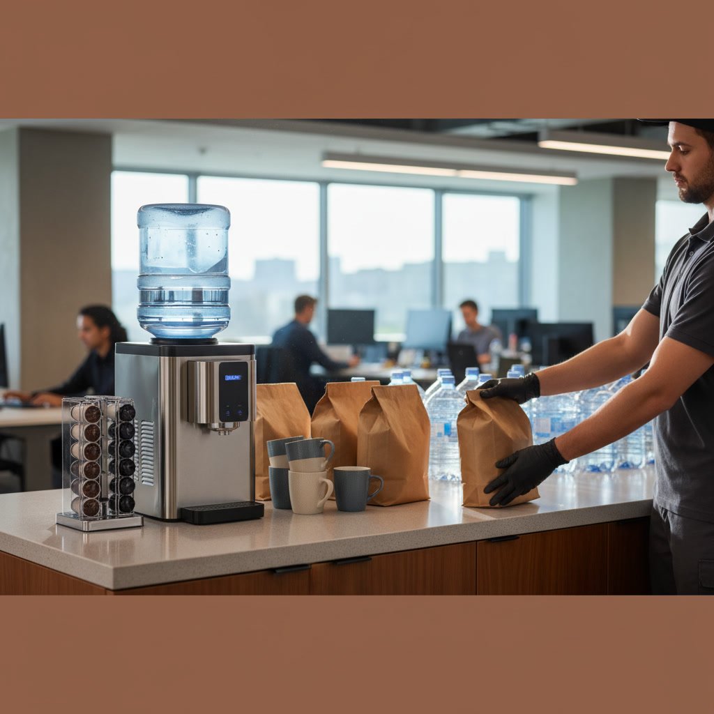 professional office break room with modern water cooler and coffee brewing station