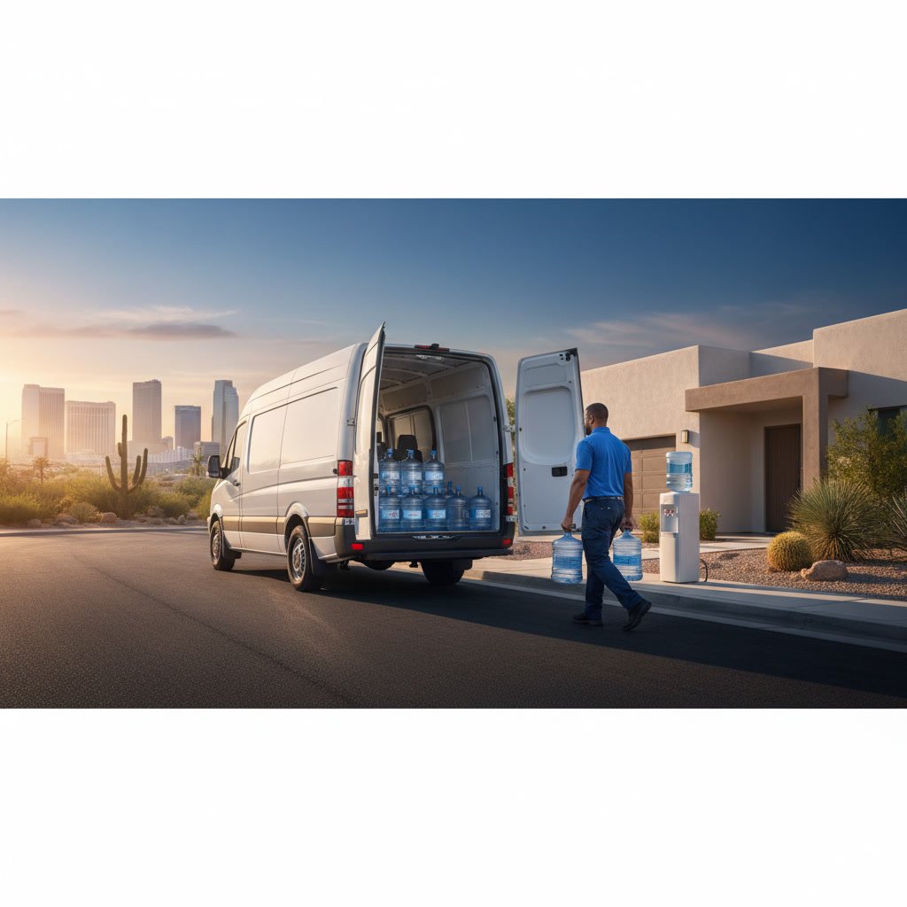 Fresh bottled water delivery truck arriving at Las Vegas home with five-gallon water bottles