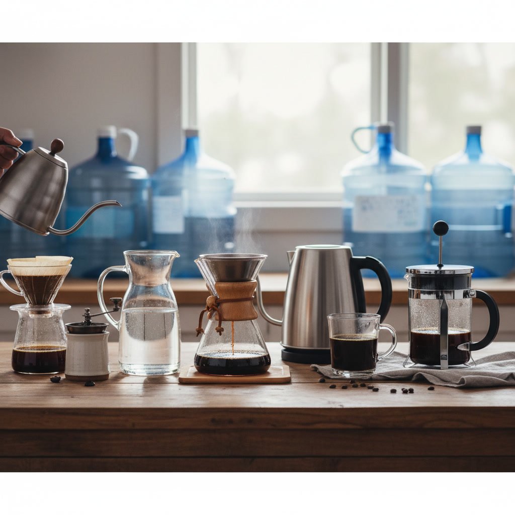 Fresh coffee being brewed with purified water in a modern kitchen