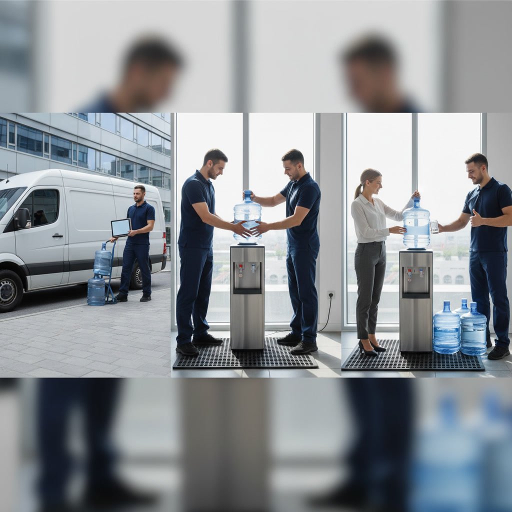 Professional water delivery setup with cooler and bottles being installed in home