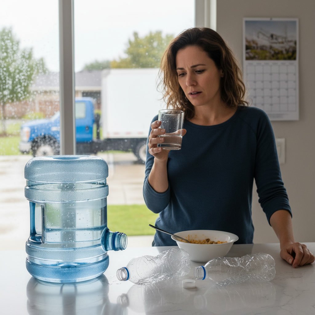 Water cooler with empty bottle being replaced in home