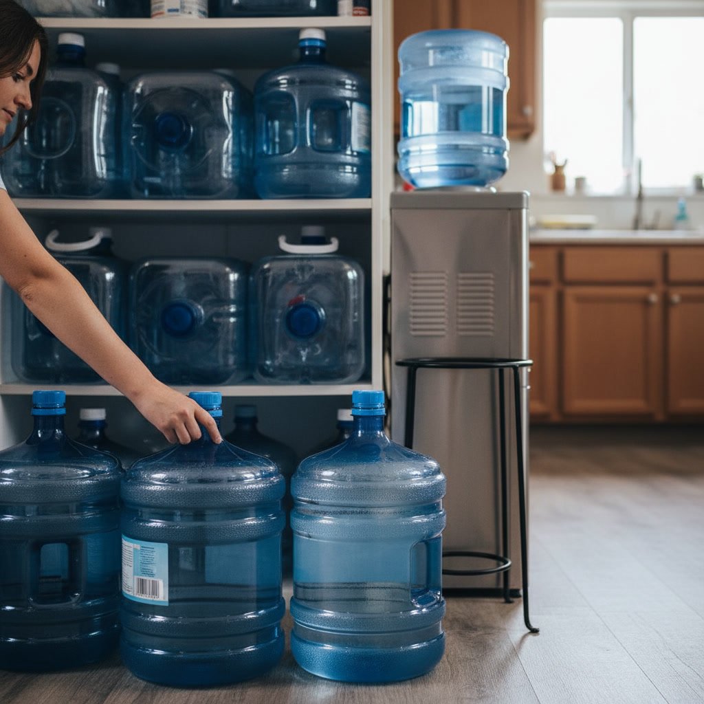Multiple water bottles stored in home pantry