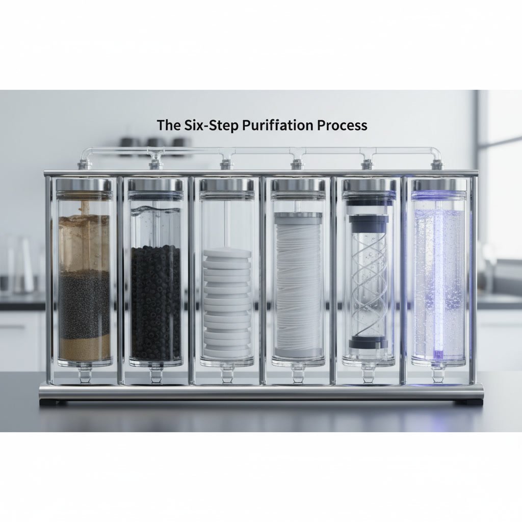 Multi-stage water purification system with carbon filtration stages