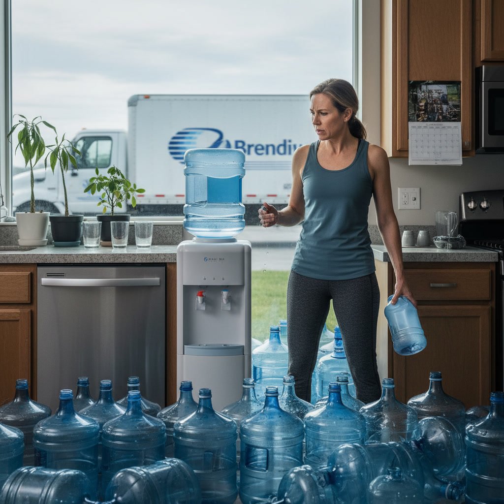 Water delivery professional carrying bottles to residential doorstep