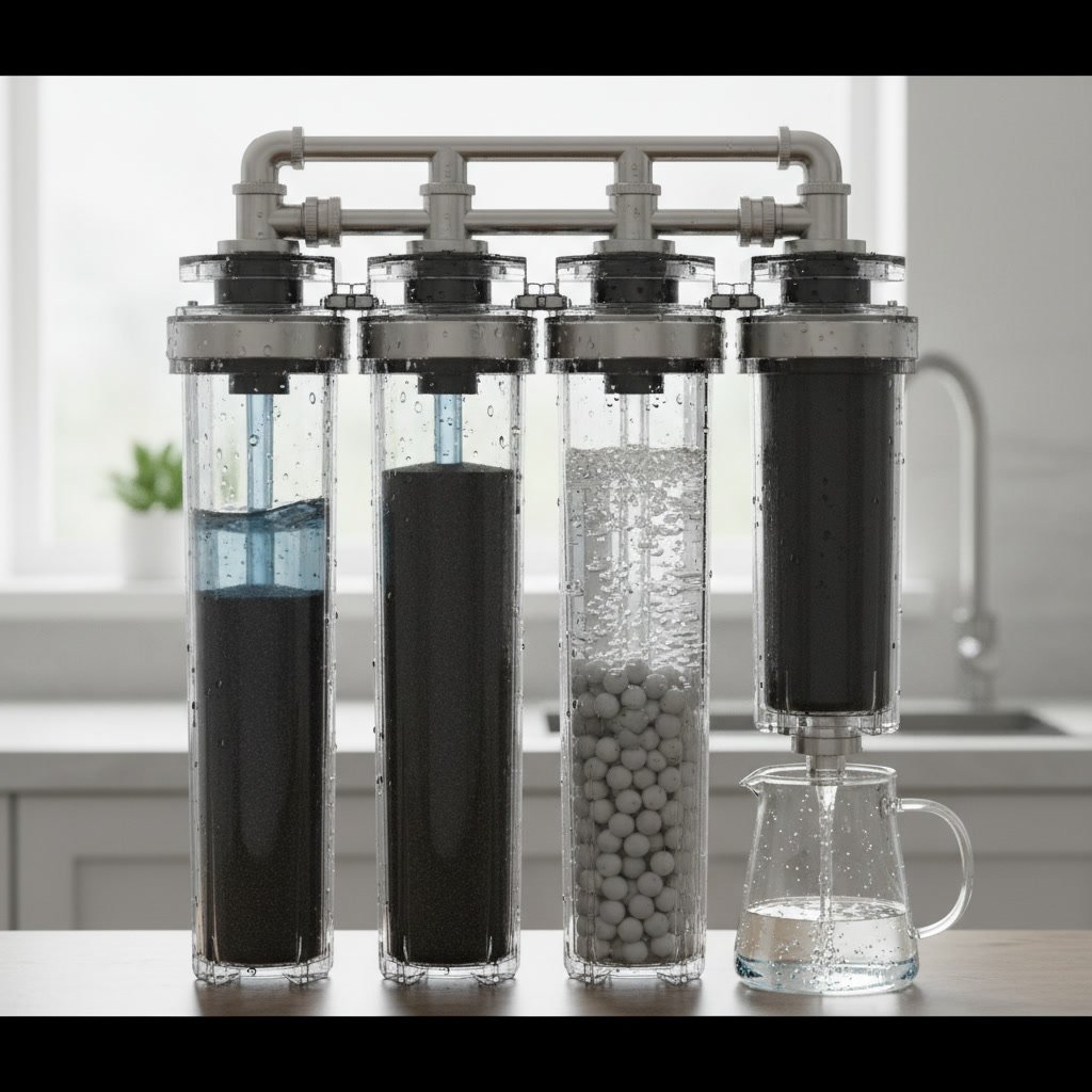 Professional water purification system showing carbon filtration stages