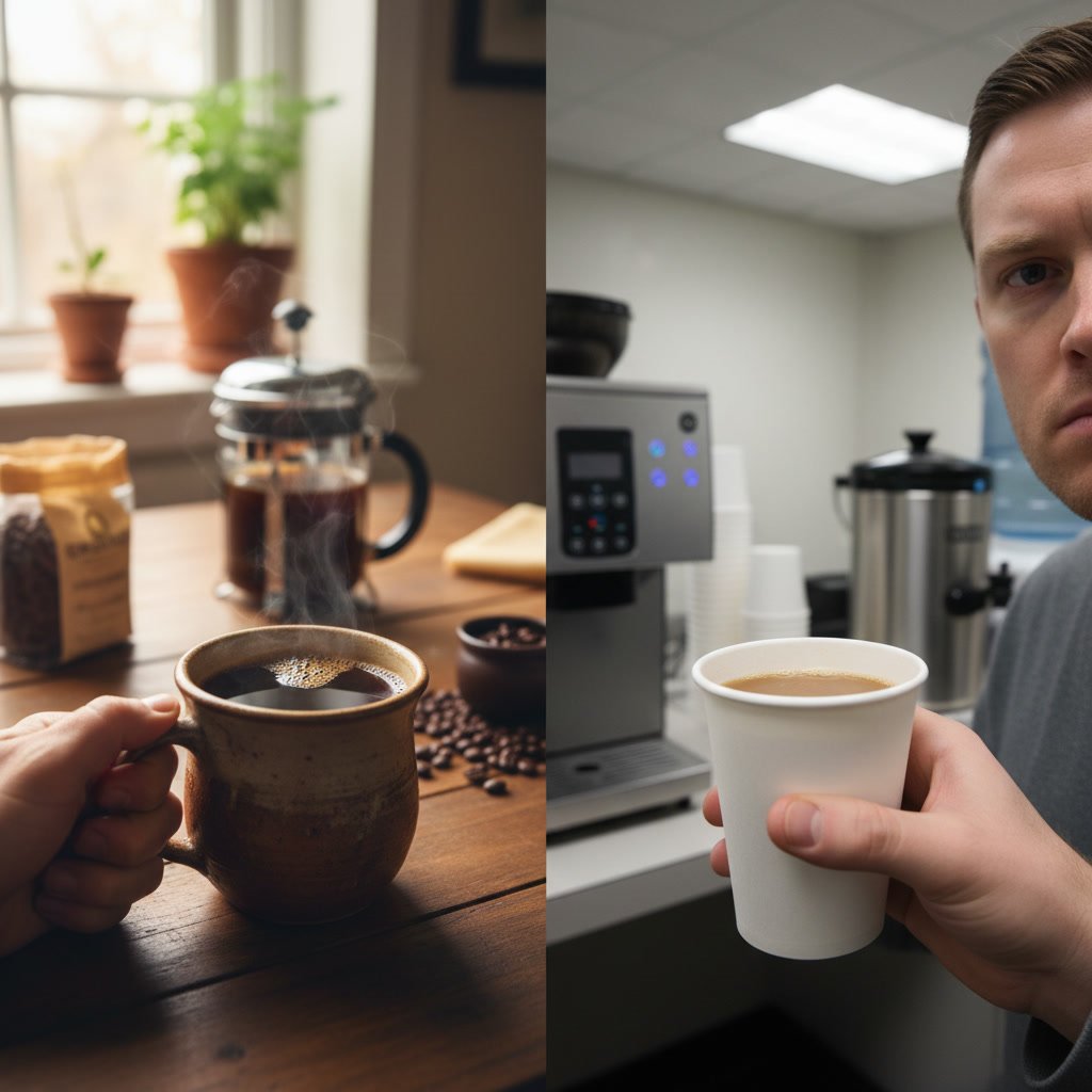 office employee comparing home brewed coffee to workplace coffee with different water