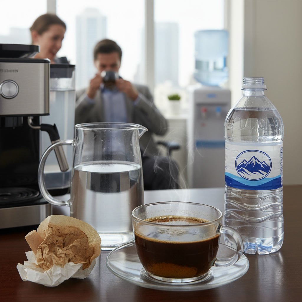 office worker pouring fresh coffee made with purified water delivery service